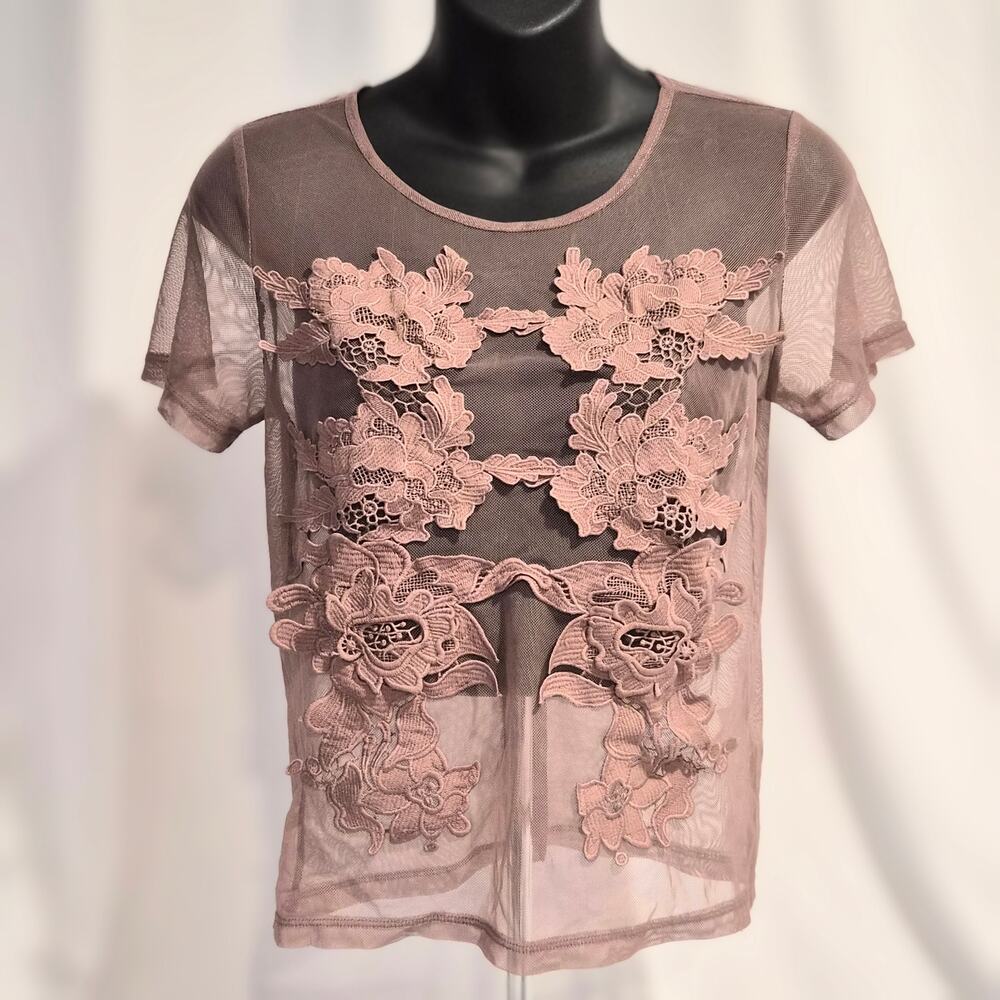 Charlotte Russe Coquette Mauve Sheer Mesh Floral Appliqué Fairycore‎ Top - XS